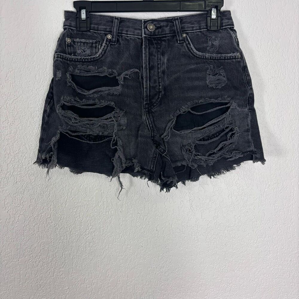 Free People Black Distressed Hidden Button Fly High Waisted Cut Off Jean Shorts